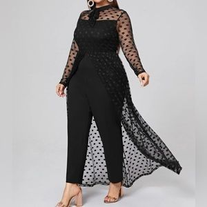 SHEIN Plus Tie Neck Polka Dot Mesh Yoke Jumpsuit With Skirt